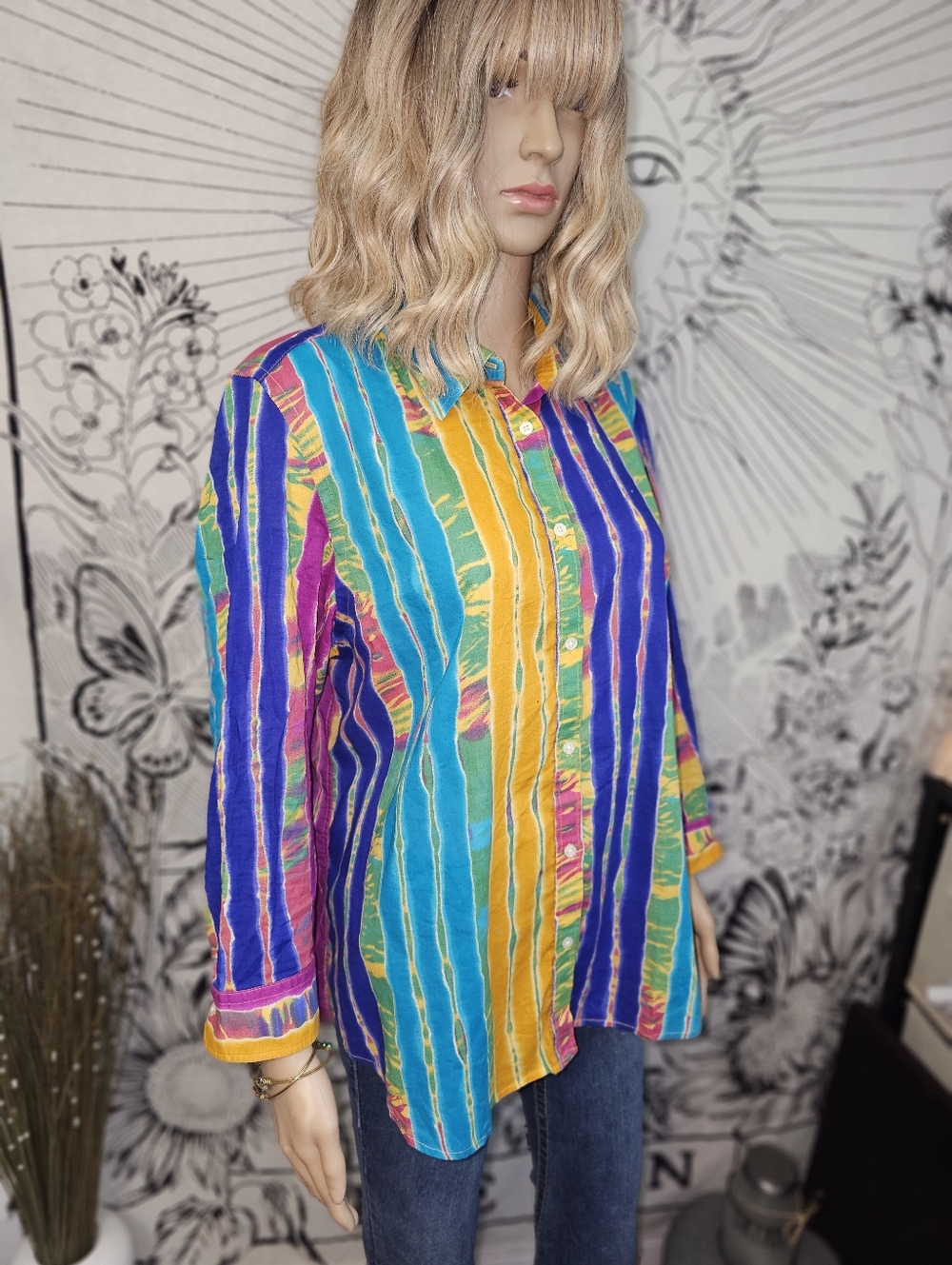 Vintage Y2K Ralph Lauren Multicolor Vertical Stripe Button-Down Shirt 3/4 Sleeve